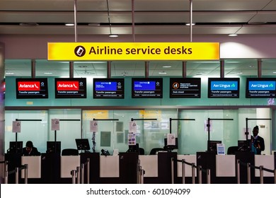 London, UK - December 24, 2016 - Airline Services Desks For Transfer Passengers At Heathrow Airport