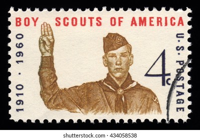 London, UK, December 30 2010 - Vintage 1960 United States Of America Cancelled Postage Stamp Showing An Image Of Boy Scouts Of America