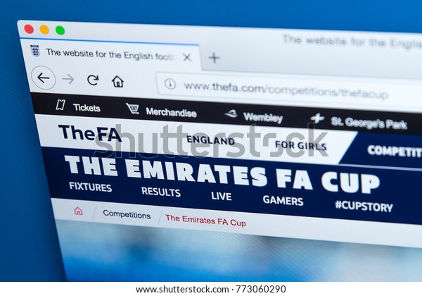 LONDON, UK - DECEMBER 4TH 2017: The\
homepage of the Emirates FA Cup on the official website for the\
English Football Association, on 4th December\
2017.