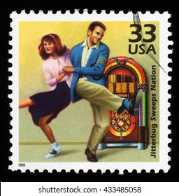 London, UK, December 7 2010 - Vintage 1999 United States Of America Cancelled Postage Stamp Showing An Image Of The 1950's Jitterbug Dance