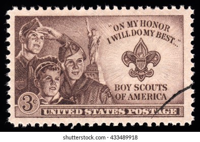 London, UK, December 7 2010 - Vintage 1950 United States Of America Cancelled Postage Stamp Showing An Engraving Of Boy Scouts Of America