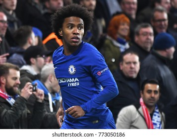 LONDON, UK - Decemebr 5, 2017: Willian Pictured During The UEFA Champions League Group C Game Between Chelsea FC And Atletico Madrid At Stamford Bridge Stadium.