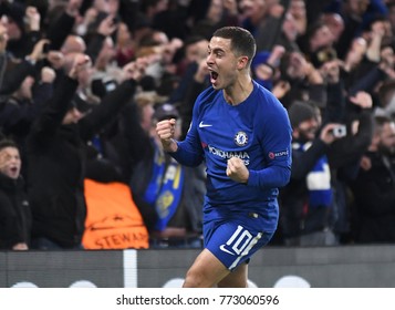 LONDON, UK - Decemebr 5, 2017: Eden Hazard Celebrates A Chelsea Goal Scored During The UEFA Champions League Group C Game Between Chelsea FC And Atletico Madrid At Stamford Bridge Stadium.