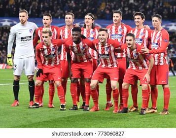 LONDON, UK - Decemebr 5, 2017: Atletico Lineup Pictured Prior To The UEFA Champions League Group C Game Between Chelsea FC And Atletico Madrid At Stamford Bridge Stadium.