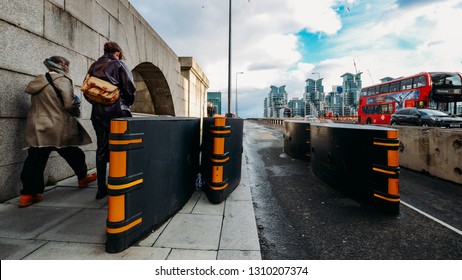 London, UK - Feb 10, 2019: Anti Terrorism Safety Barriers On Vauxhall Bridge, London UK