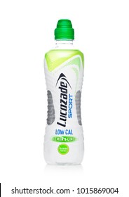 LONDON, UK - FEBRUARY 02, 2018: Bottle Of Lucozade Low Calories Sport Energy Soda Drink On White Background.