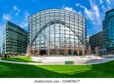 LONDON, UK - FEBRUARY 026, 2022: Broadgate Exchange Square is one of central London’s largest public spaces that hosts a diverse calendar of events, giant cinema screenings and pop-ups
