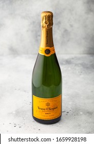 LONDON, UK - FEBRUARY 12, 2020: Bottle of Veuve Clicquot Brut world famous luxury champagne on stone background.