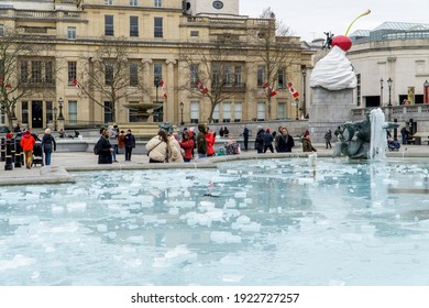 London, UK - February 14 2021: Frozen Trafalgar Square, Valentines Day With The Fourth Plinth, London