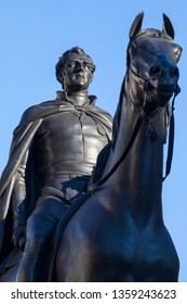 London, UK - February 15th 2019: A statue of Arthur Wellesley, the first Duke of Wellington, located outisde the Bank of England in the City of London, UK. 