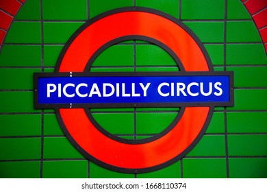 LONDON, UK - FEBRUARY 17, 2020: Piccadilly Circus Tube Sign In City Undergraund Station.