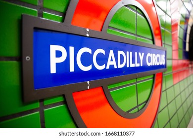 LONDON, UK - FEBRUARY 17, 2020: Piccadilly Circus Tube Sign In City Undergraund Station.