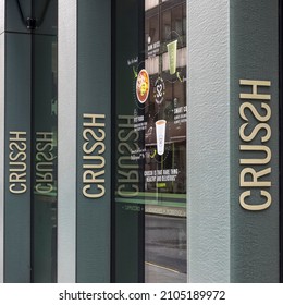 LONDON, UK - FEBRUARY 18, 2018: 
 Signage On Exterior Of Crussh Fit Food And Juice Bar In Bevis Marks, City Of London