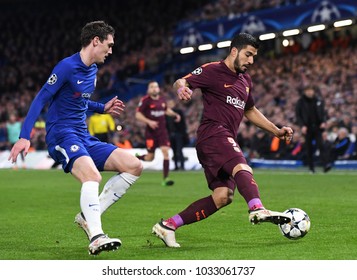 LONDON, UK - FEBRUARY 20, 2018: Andreas Christensen And Luis Suarez Pictured During The UEFA Champions League Last 16 Round Match Between Chelsea FC And FC Barcelona At Stamford Bridge.