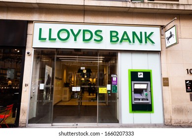 LONDON, UK - FEBRUARY 20, 2020: Exterior Of Lloyds Bank Logo On Facade Of Branch On Oxford Street. Lloyds Bank Plc Has Traditionally Been Considered One Of The 