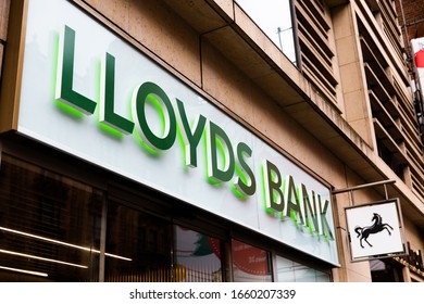 LONDON, UK - FEBRUARY 20, 2020: Lloyds Bank Logo On Facade Of Branch On Oxford Street. It Was Founded In Birmingham In 1765.