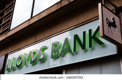 LONDON, UK - FEBRUARY 20, 2020: Lloyds Bank Logo On Facade Of Branch On Oxford Street. Lloyds Bank Plc Has Traditionally Been Considered One Of The 