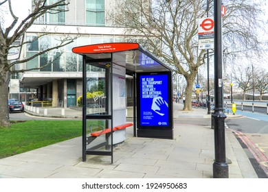 London, UK - February 20 2021: Pimlico Bus Shelter Advertising Transport For London's Antiviral Cleaning Programme During Coronavirus.