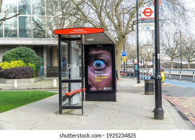 London, UK - February 20 2021: Bus Shelter With Government Advertising - Watch Your Speed, Pimlico, London