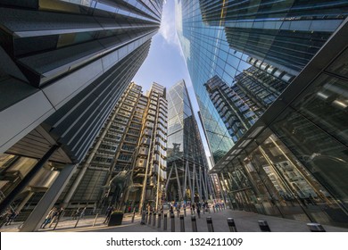 London, UK - February 2019: looking up at the skyline of the financial district, ultra wide angle