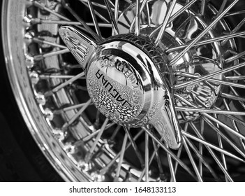 London UK. February 2020. Close up of wheel on a Jaguar E-Type Zero car exhibited at the Victoria and Albert Museum exhibition entitled Cars: Accelerating the Modern World. 