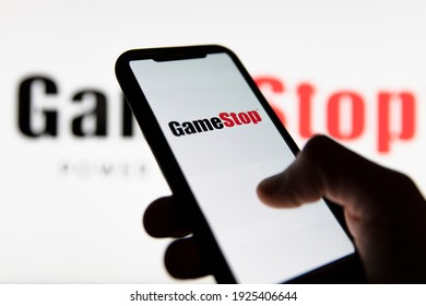 LONDON, UK - February 2021: Smartphone Showing Gamestop Video Game Retail Logo