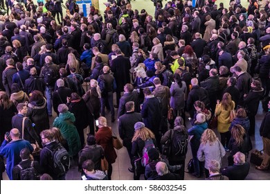 LONDON, UK - FEBRUARY 23, 2017: Crowded Kings Cross Station In The City. Hundreds People Waiting For The Train, With Delays And Cancellations As Storm Doris Lashes UK