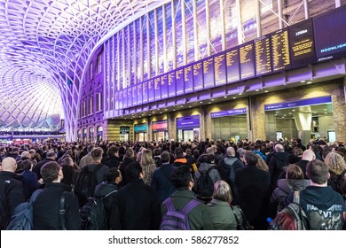 LONDON, UK - FEBRUARY 23, 2017: Crowded Kings Cross Station In The City. Hundreds People Waiting For The Train, With Delays And Cancellations As Storm Doris Lashes UK