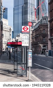 London, UK - February 23, 2021: Queen Victoria Street And Bus Stop With No People And Cars. Empty Streets City Of London During National Lockdown. Covid Restrictions, Social Distancing. 