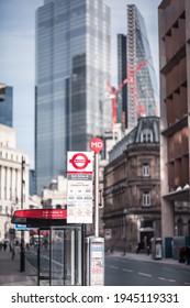 London, UK - February 23, 2021: Queen Victoria Street And Bus Stop With No People And Cars. Empty Streets City Of London During National Lockdown. Covid Restrictions, Social Distancing. 