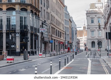 London, UK - February 23, 2021: King Street With No People And Cars. Empty Streets City Of London During National Lockdown. Covid Restrictions, Social Distancing. 