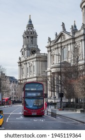 London, UK - February 23, 2021: St. Paul's Church Yard Street With Double-decker Buses And  Empty Streets City Of London During National Lockdown. Covid Restrictions, Social Distancing. 