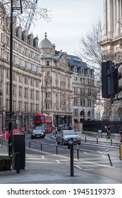 London, UK - February 23, 2021: St. Paul's Church Yard Street With Double-decker Buses And  Empty Streets City Of London During National Lockdown. Covid Restrictions, Social Distancing. 