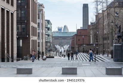 London, UK - February 23, 2021: St Pauls Church Yard Street And Millennium Bridge. Empty Streets City Of London During National Lockdown. Covid Restrictions, Social Distancing. 