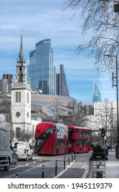 London, UK - February 23, 2021: St. Paul's Church Yard Street With Double-decker Buses And  Empty Streets City Of London During National Lockdown. Covid Restrictions, Social Distancing. 