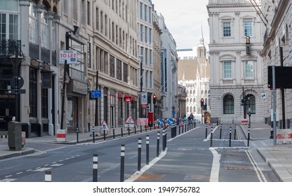 London, UK - February 23, 2021: King Street With No People And Cars. Empty Streets City Of London During National Lockdown. Covid Restrictions, Social Distancing. 