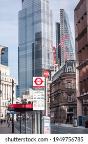 London, UK - February 23, 2021: Queen Victoria Street And Bus Stop With No People And Cars. Empty Streets City Of London During National Lockdown. Covid Restrictions, Social Distancing. 