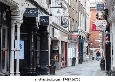 London, UK - February 23, 2021: King Street With No People And Cars. Empty Streets City Of London During National Lockdown. Covid Restrictions, Social Distancing. 