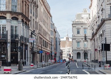 London, UK - February 23, 2021: King Street With No People And Cars. Empty Streets City Of London During National Lockdown. Covid Restrictions, Social Distancing. 