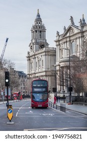 London, UK - February 23, 2021: St. Paul's Church Yard Street With Double-decker Buses And  Empty Streets City Of London During National Lockdown. Covid Restrictions, Social Distancing. 