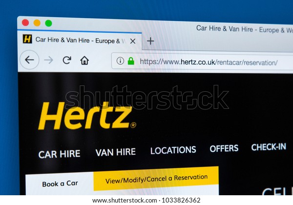 LONDON, UK - FEBRUARY 24TH 2018: The homepage of\
the official website for Hertz - the American car rental company,\
on 24th February 2018.