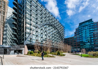LONDON, UK - FEBRUARY 26, 2022: Broadgate Exchange Square is one of central London’s largest public spaces that hosts a diverse calendar of events, giant cinema screenings and pop-ups