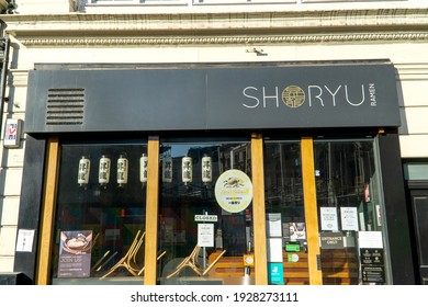 London, UK - February 27 2021: Shoryu Ramen Soho Restaurant, Denman Street, London