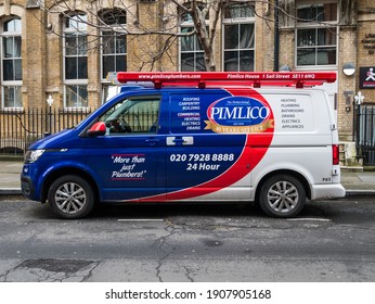 London UK, February 2nd 2021:A Pimlico plumber's van in the City of London. Pimlico is London’s leading independent service company with a workforce of highly experienced engineers and tradespeople.