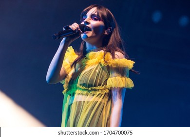 London, UK -  February 7th 2019: Chvrches ( Lauren Mayberry, Iain Cook& Martin Doherty) Performing At The London Alexandra Palace