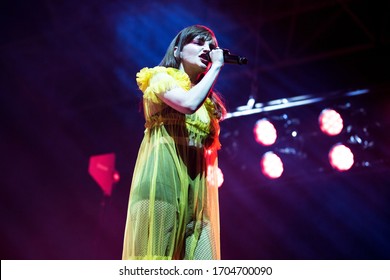 London, UK -  February 7th 2019: Chvrches ( Lauren Mayberry, Iain Cook& Martin Doherty) Performing At The London Alexandra Palace