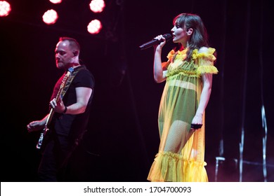 London, UK -  February 7th 2019: Chvrches ( Lauren Mayberry, Iain Cook& Martin Doherty) Performing At The London Alexandra Palace