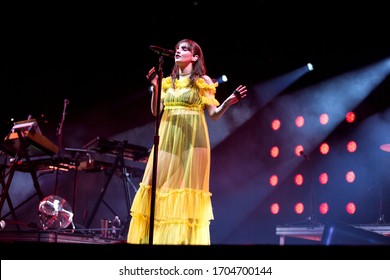 London, UK -  February 7th 2019: Chvrches ( Lauren Mayberry, Iain Cook& Martin Doherty) Performing At The London Alexandra Palace