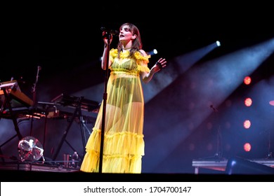 London, UK -  February 7th 2019: Chvrches ( Lauren Mayberry, Iain Cook& Martin Doherty) Performing At The London Alexandra Palace