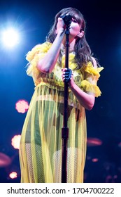 London, UK -  February 7th 2019: Chvrches ( Lauren Mayberry, Iain Cook& Martin Doherty) Performing At The London Alexandra Palace